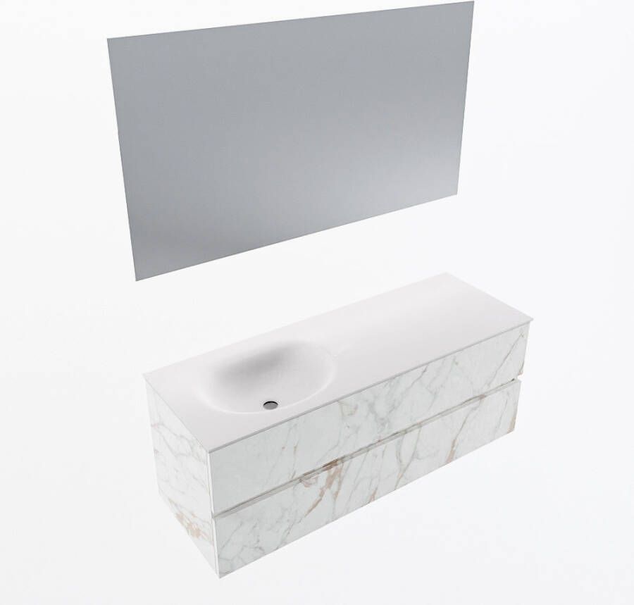 Mondiaz VICA 130cm badmeubel onderkast Carrara 2 lades. Wastafel MOON links zonder kraangat kleur Talc.