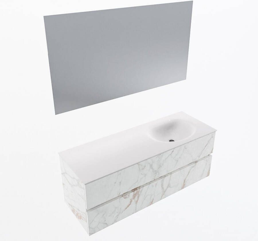 Mondiaz VICA 130cm badmeubel onderkast Carrara 2 lades. Wastafel MOON rechts zonder kraangat kleur Talc.