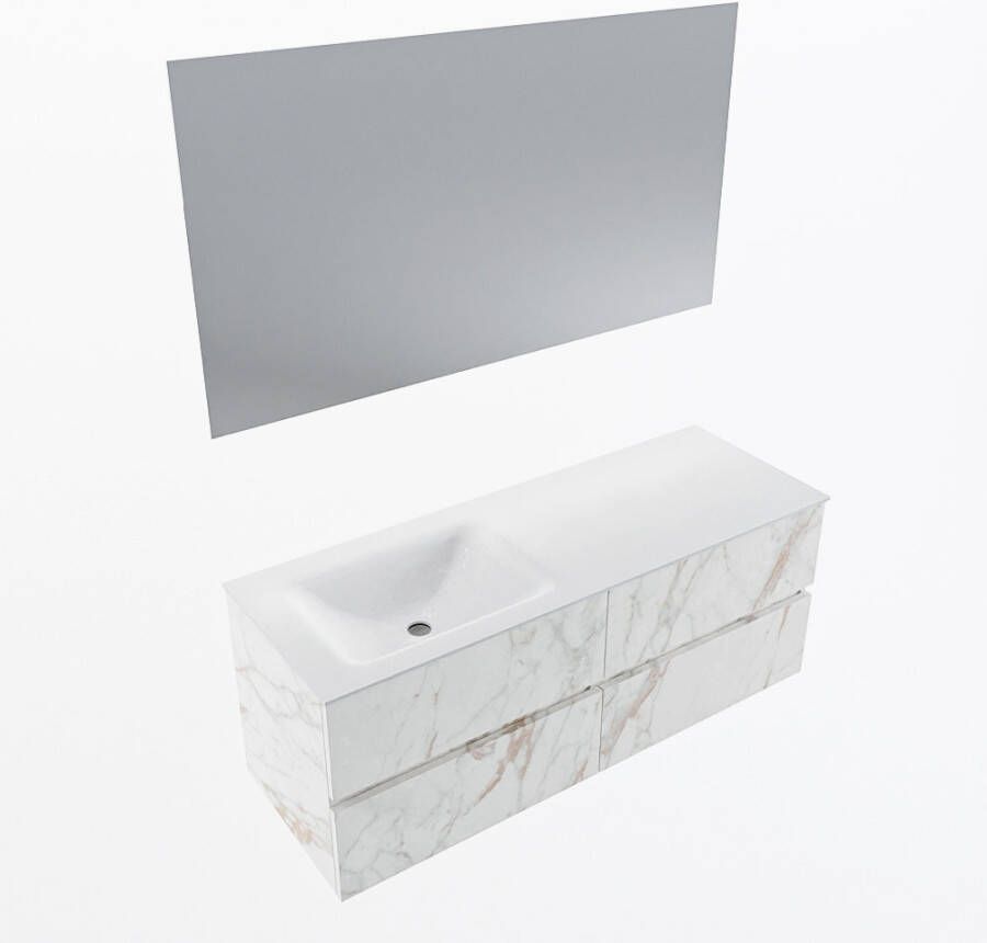 Mondiaz VICA 130cm badmeubel onderkast Carrara 4 lades. Wastafel CLOUD links zonder kraangat kleur Talc.