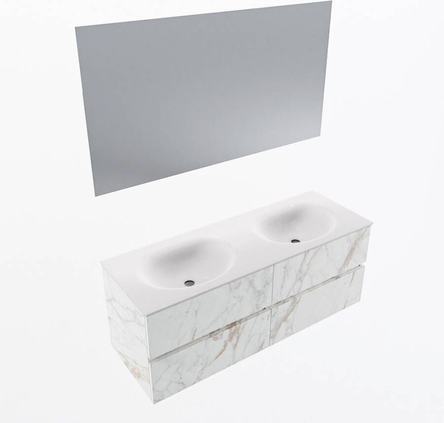 Mondiaz VICA 130cm badmeubel onderkast Carrara 4 lades. Wastafel MOON dubbel 2 kraangaten kleur Talc.