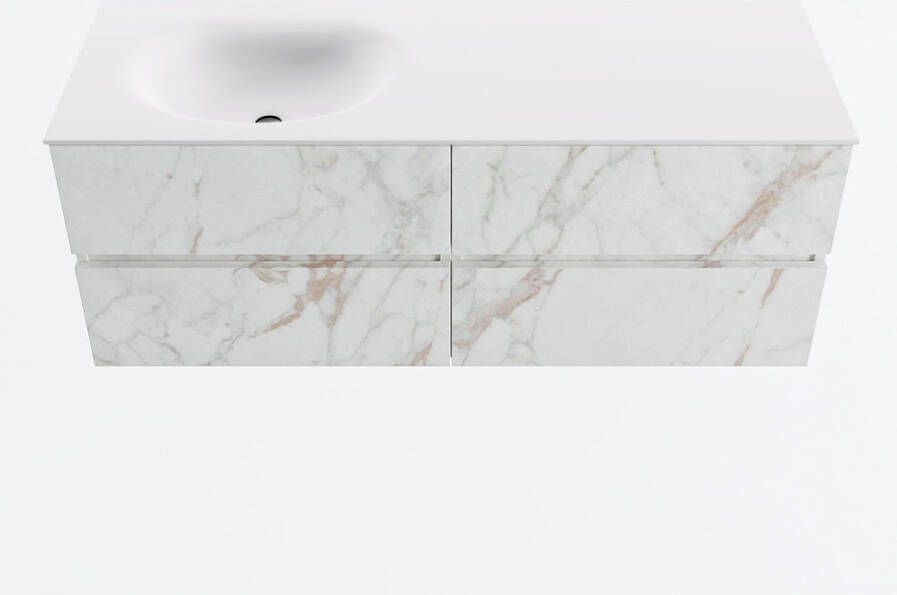 Mondiaz VICA 130cm badmeubel onderkast Carrara 4 lades. Wastafel MOON links zonder kraangat kleur Talc.