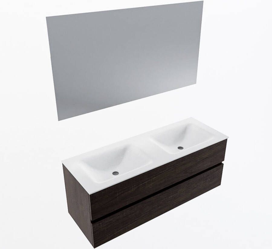 Mondiaz VICA 130cm badmeubel onderkast Dark Brown 2 lades. Wastafel CLOUD dubbel 2 kraangaten kleur Talc.