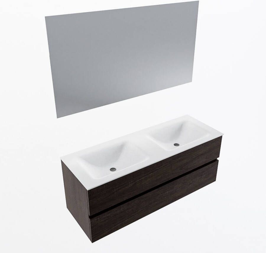 Mondiaz VICA 130cm badmeubel onderkast Dark Brown 2 lades. Wastafel CLOUD dubbel zonder kraangat kleur Talc.