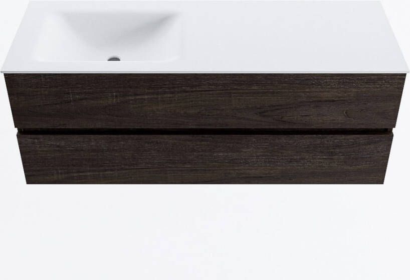 Mondiaz VICA 130cm badmeubel onderkast Dark Brown 2 lades. Wastafel CLOUD links zonder kraangat kleur Talc.