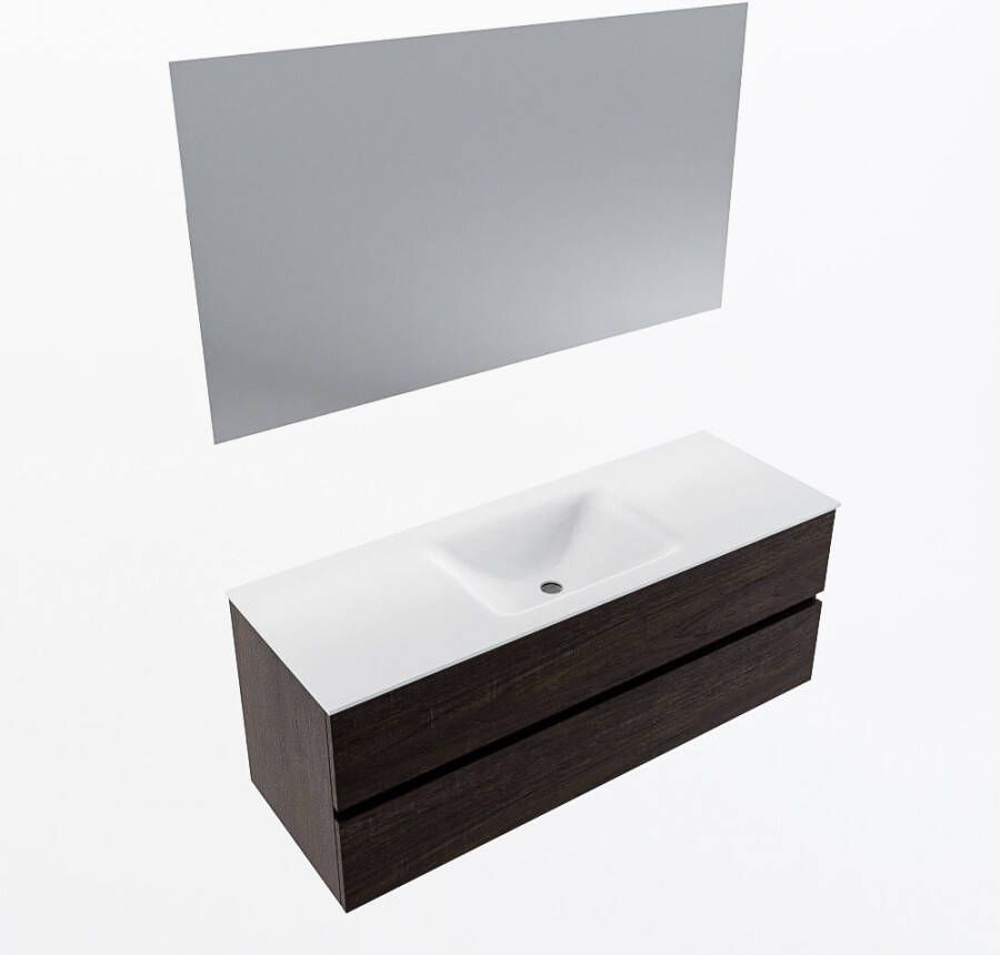 Mondiaz VICA 130cm badmeubel onderkast Dark Brown 2 lades. Wastafel CLOUD midden 1 kraangat kleur Talc.