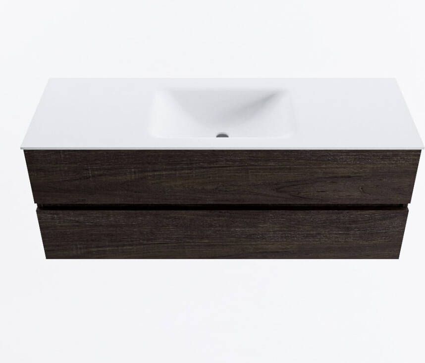Mondiaz VICA 130cm badmeubel onderkast Dark Brown 2 lades. Wastafel CLOUD midden zonder kraangat kleur Talc.