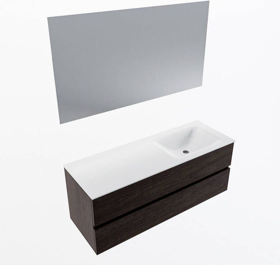 Mondiaz VICA 130cm badmeubel onderkast Dark Brown 2 lades. Wastafel CLOUD rechts zonder kraangat kleur Talc.