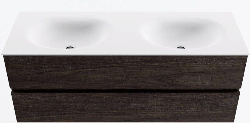 Mondiaz VICA 130cm badmeubel onderkast Dark Brown 2 lades. Wastafel MOON dubbel zonder kraangat kleur Talc.