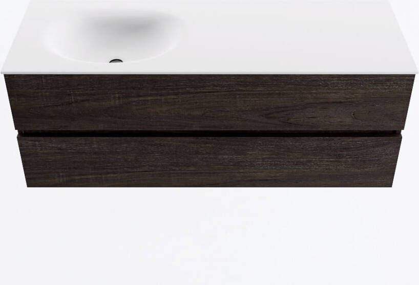 Mondiaz VICA 130cm badmeubel onderkast Dark Brown 2 lades. Wastafel MOON links 1 kraangat kleur Talc.