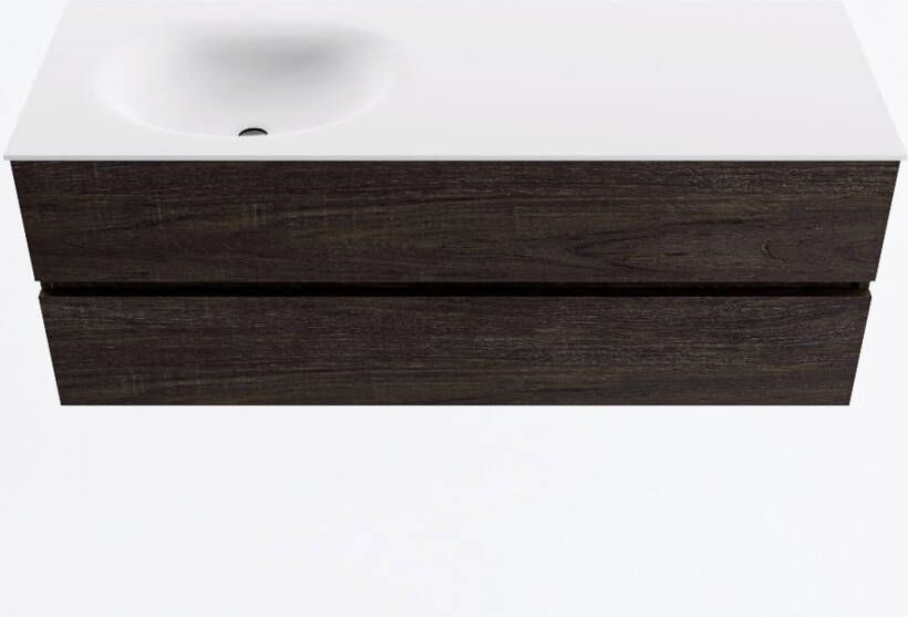 Mondiaz VICA 130cm badmeubel onderkast Dark Brown 2 lades. Wastafel MOON links zonder kraangat kleur Talc.