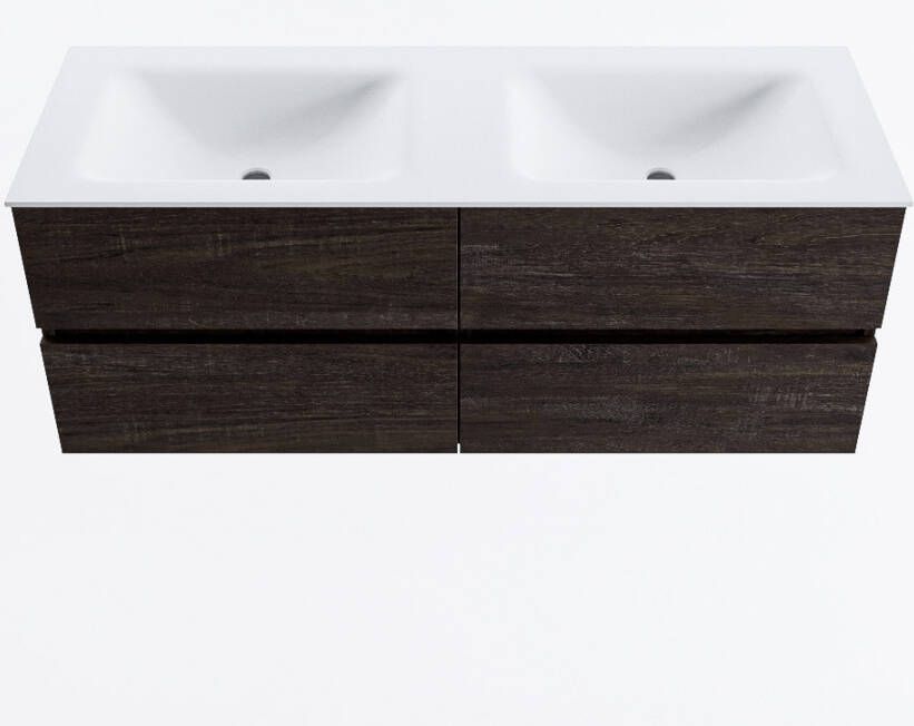 Mondiaz VICA 130cm badmeubel onderkast Dark Brown 4 lades. Wastafel CLOUD dubbel 2 kraangaten kleur Talc.