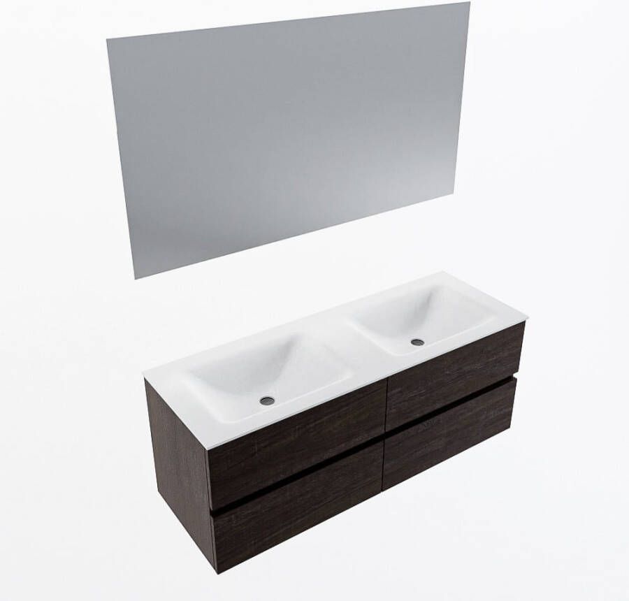 Mondiaz VICA 130cm badmeubel onderkast Dark Brown 4 lades. Wastafel CLOUD dubbel zonder kraangat kleur Talc.