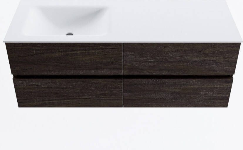 Mondiaz VICA 130cm badmeubel onderkast Dark Brown 4 lades. Wastafel CLOUD links zonder kraangat kleur Talc.