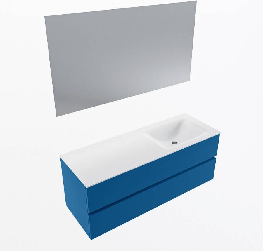 Mondiaz VICA 130cm badmeubel onderkast Jeans 2 lades. Wastafel CLOUD rechts zonder kraangat kleur Talc.