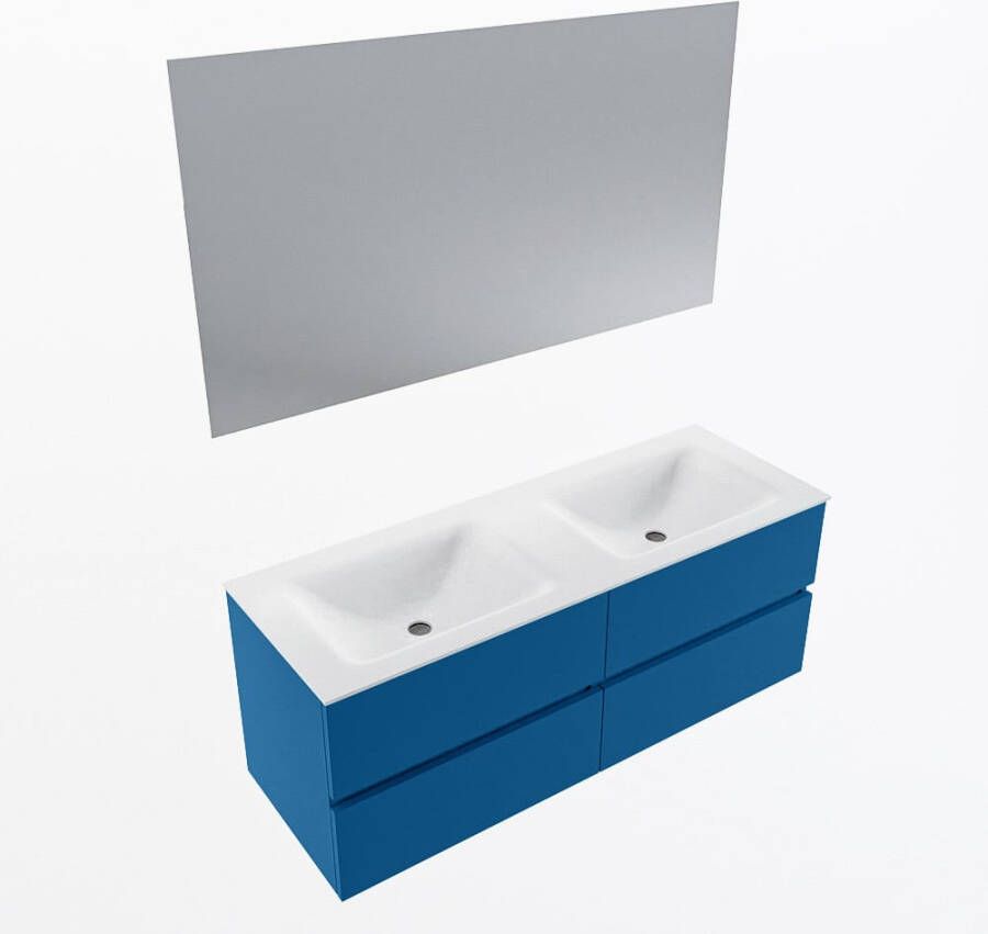 Mondiaz VICA 130cm badmeubel onderkast Jeans 4 lades. Wastafel CLOUD dubbel zonder kraangat kleur Talc.