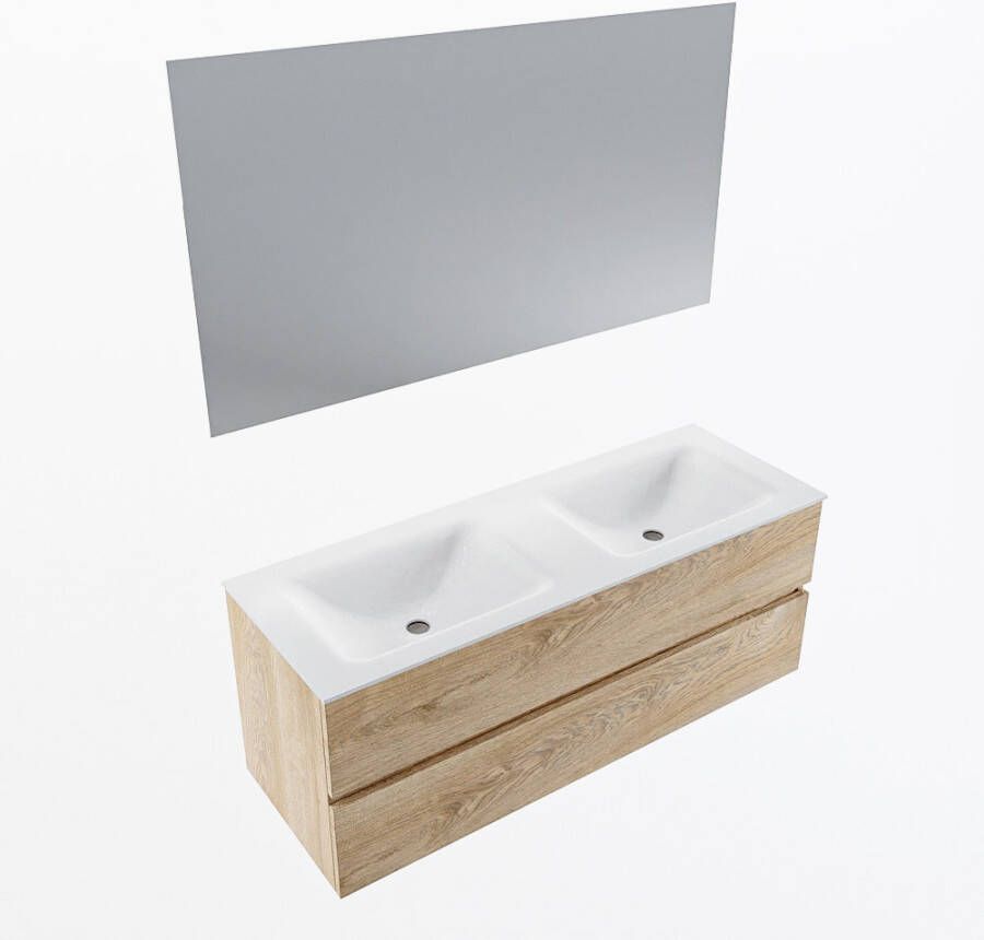 Mondiaz VICA 130cm badmeubel onderkast Washed Oak 2 lades. Wastafel CLOUD dubbel 2 kraangaten kleur Talc.