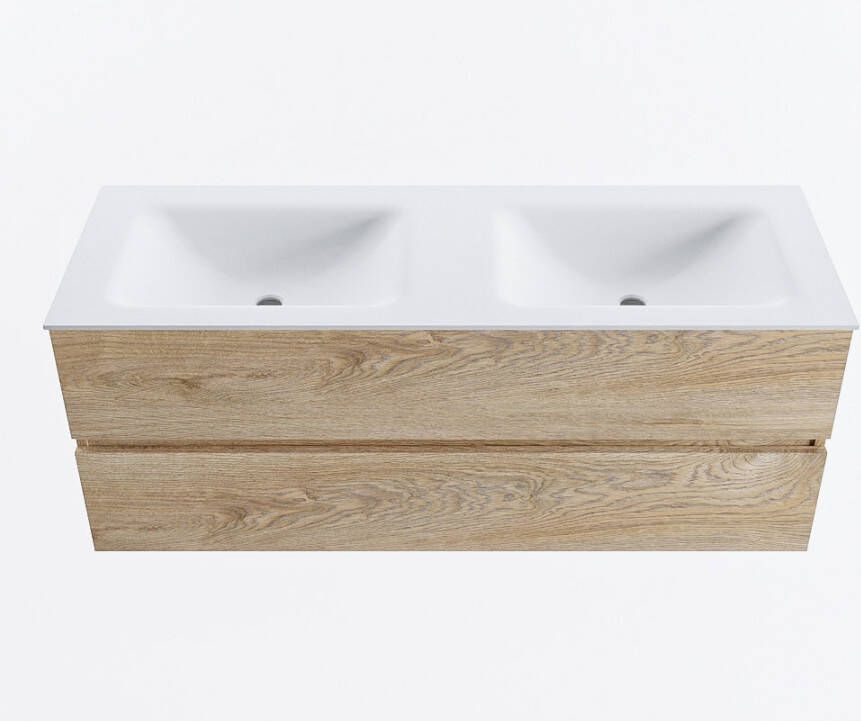 Mondiaz VICA 130cm badmeubel onderkast Washed Oak 2 lades. Wastafel CLOUD dubbel zonder kraangat kleur Talc.