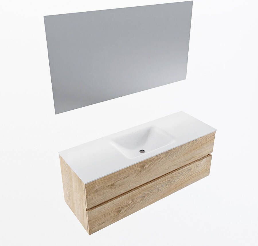 Mondiaz VICA 130cm badmeubel onderkast Washed Oak 2 lades. Wastafel CLOUD midden 1 kraangat kleur Talc.