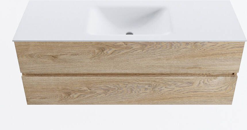 Mondiaz VICA 130cm badmeubel onderkast Washed Oak 2 lades. Wastafel CLOUD midden zonder kraangat kleur Talc.