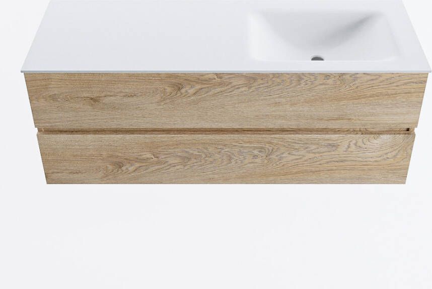 Mondiaz VICA 130cm badmeubel onderkast Washed Oak 2 lades. Wastafel CLOUD rechts zonder kraangat kleur Talc.
