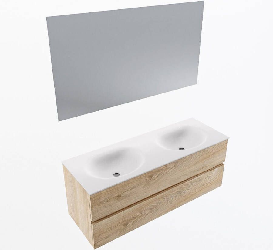 Mondiaz VICA 130cm badmeubel onderkast Washed Oak 2 lades. Wastafel MOON dubbel zonder kraangat kleur Talc.