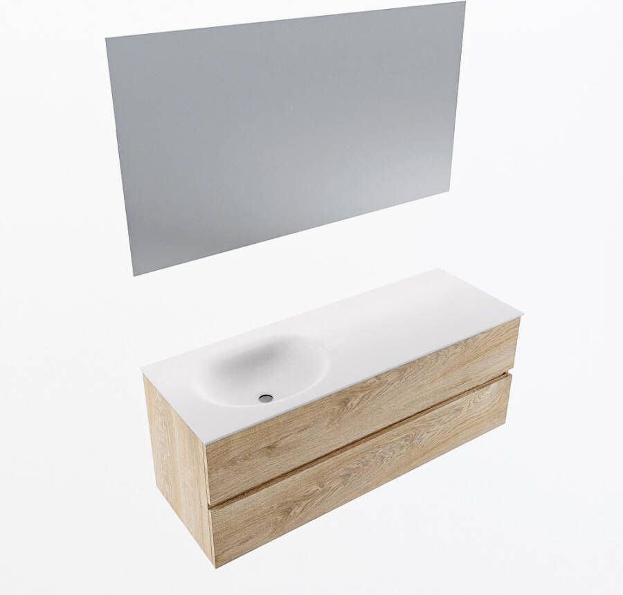 Mondiaz VICA 130cm badmeubel onderkast Washed Oak 2 lades. Wastafel MOON links 1 kraangat kleur Talc.