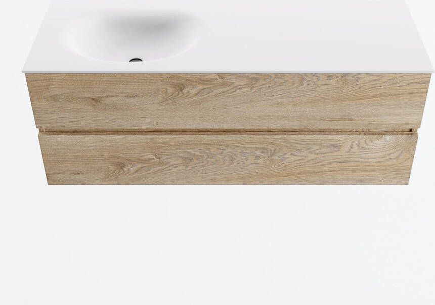Mondiaz VICA 130cm badmeubel onderkast Washed Oak 2 lades. Wastafel MOON links zonder kraangat kleur Talc.