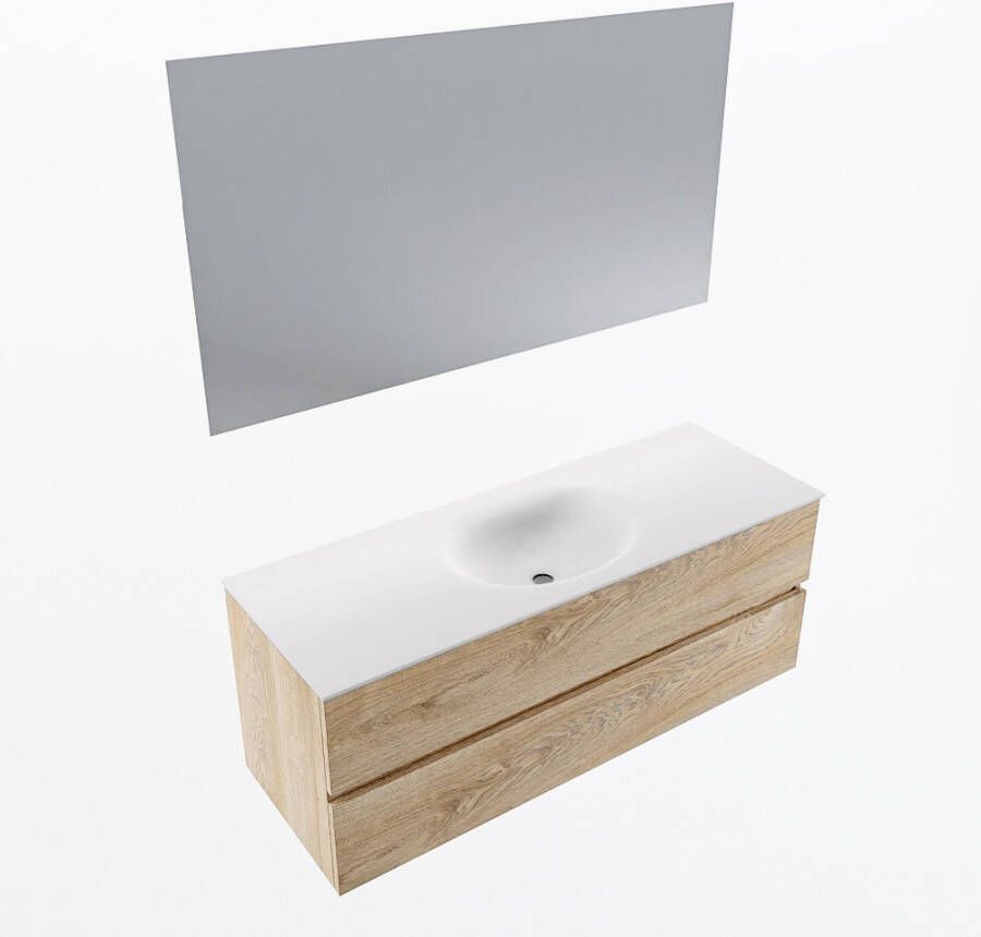Mondiaz VICA 130cm badmeubel onderkast Washed Oak 2 lades. Wastafel MOON midden zonder kraangat kleur Talc.