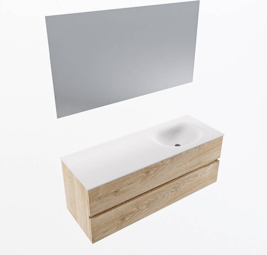 Mondiaz VICA 130cm badmeubel onderkast Washed Oak 2 lades. Wastafel MOON rechts 1 kraangat kleur Talc.