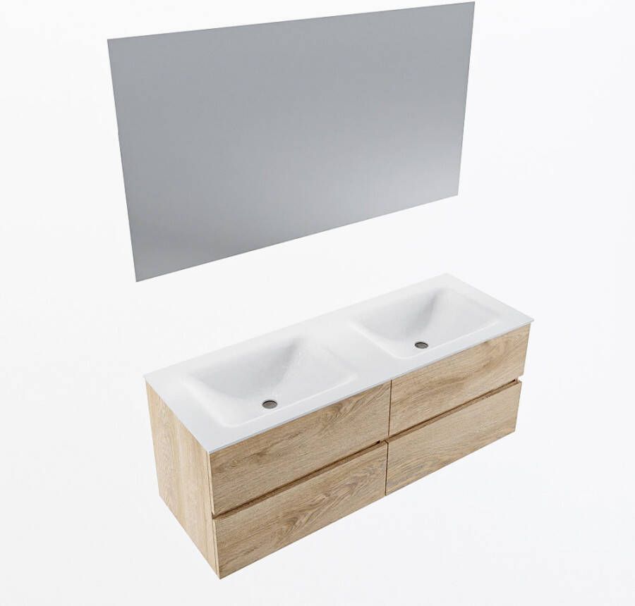 Mondiaz VICA 130cm badmeubel onderkast Washed Oak 4 lades. Wastafel CLOUD dubbel 2 kraangaten kleur Talc.