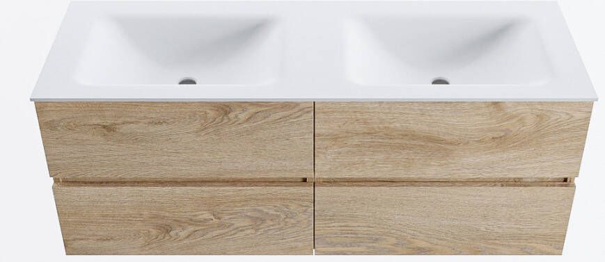Mondiaz VICA 130cm badmeubel onderkast Washed Oak 4 lades. Wastafel CLOUD dubbel zonder kraangat kleur Talc.