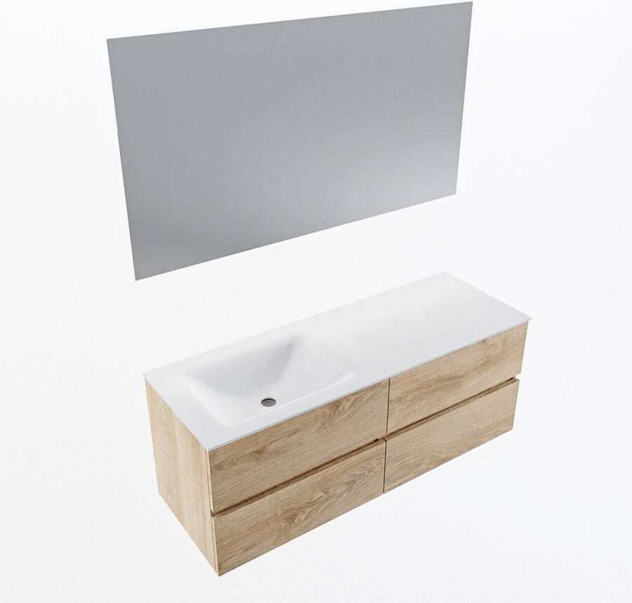 Mondiaz VICA 130cm badmeubel onderkast Washed Oak 4 lades. Wastafel CLOUD links 1 kraangat kleur Talc.