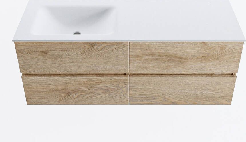 Mondiaz VICA 130cm badmeubel onderkast Washed Oak 4 lades. Wastafel CLOUD links zonder kraangat kleur Talc.