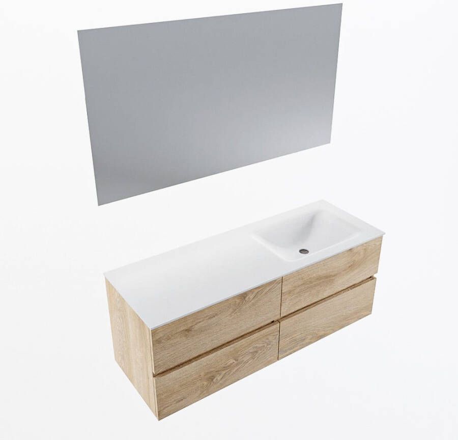Mondiaz VICA 130cm badmeubel onderkast Washed Oak 4 lades. Wastafel CLOUD rechts zonder kraangat kleur Talc.