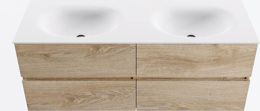 Mondiaz VICA 130cm badmeubel onderkast Washed Oak 4 lades. Wastafel MOON dubbel 2 kraangaten kleur Talc.