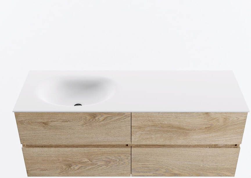 Mondiaz VICA 130cm badmeubel onderkast Washed Oak 4 lades. Wastafel MOON links 1 kraangat kleur Talc.