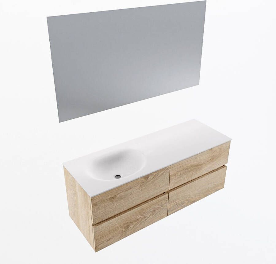 Mondiaz VICA 130cm badmeubel onderkast Washed Oak 4 lades. Wastafel MOON links zonder kraangat kleur Talc.