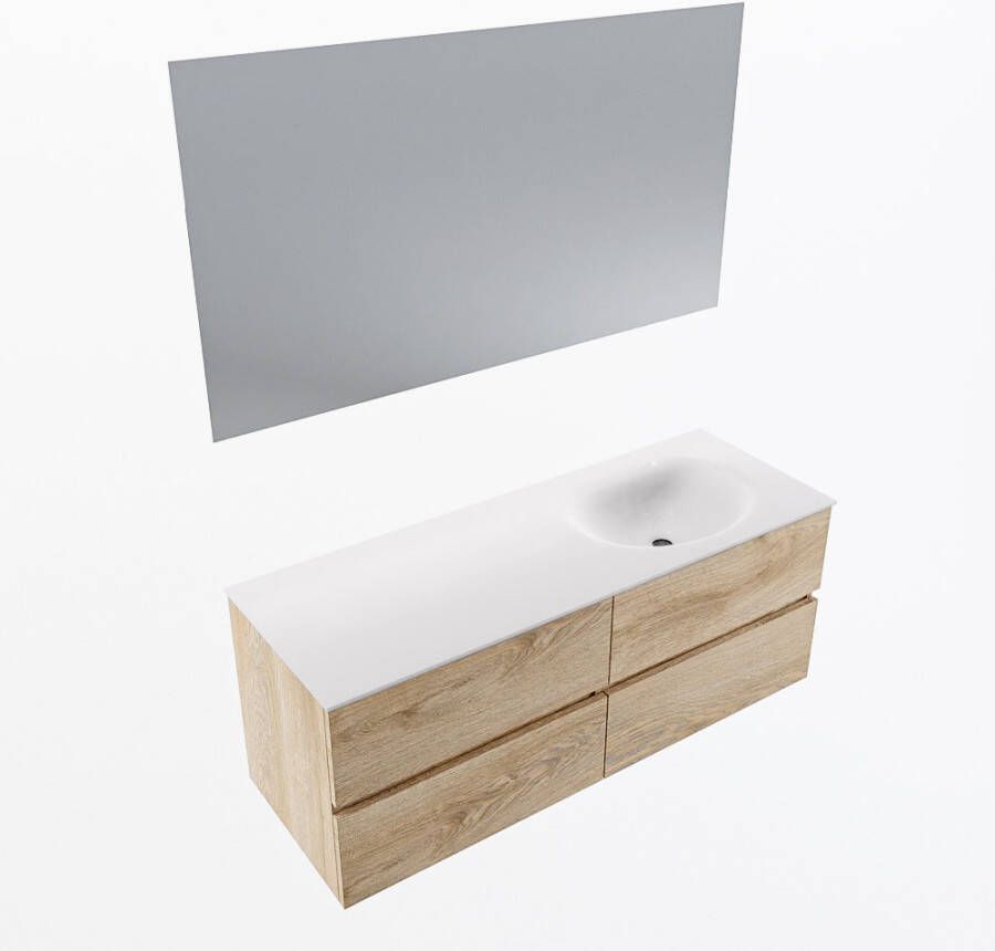 Mondiaz VICA 130cm badmeubel onderkast Washed Oak 4 lades. Wastafel MOON rechts zonder kraangat kleur Talc.