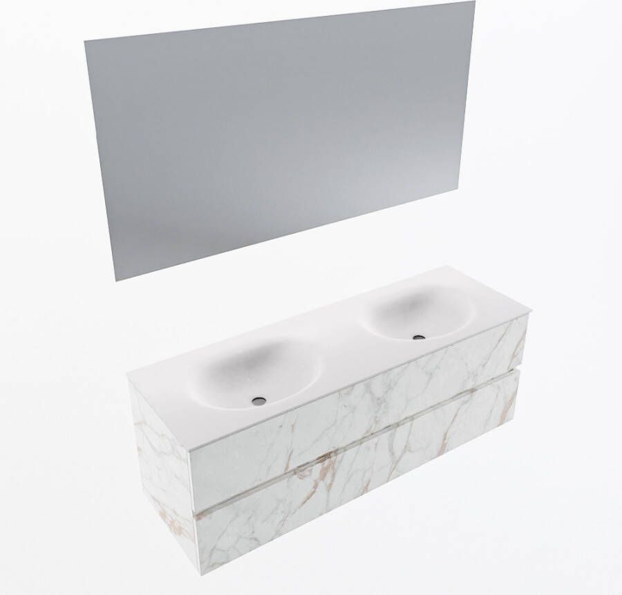 Mondiaz VICA 140cm badmeubel onderkast Carrara 2 lades. Wastafel MOON dubbel 2 kraangaten kleur Talc.