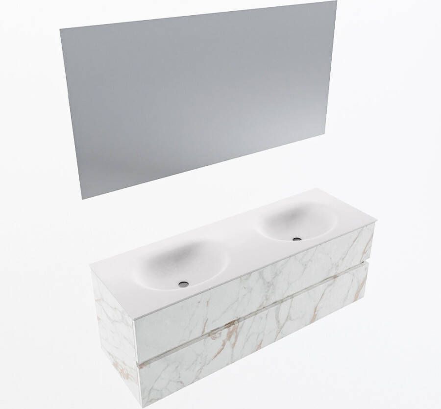 Mondiaz VICA 140cm badmeubel onderkast Carrara 2 lades. Wastafel MOON dubbel zonder kraangat kleur Talc.