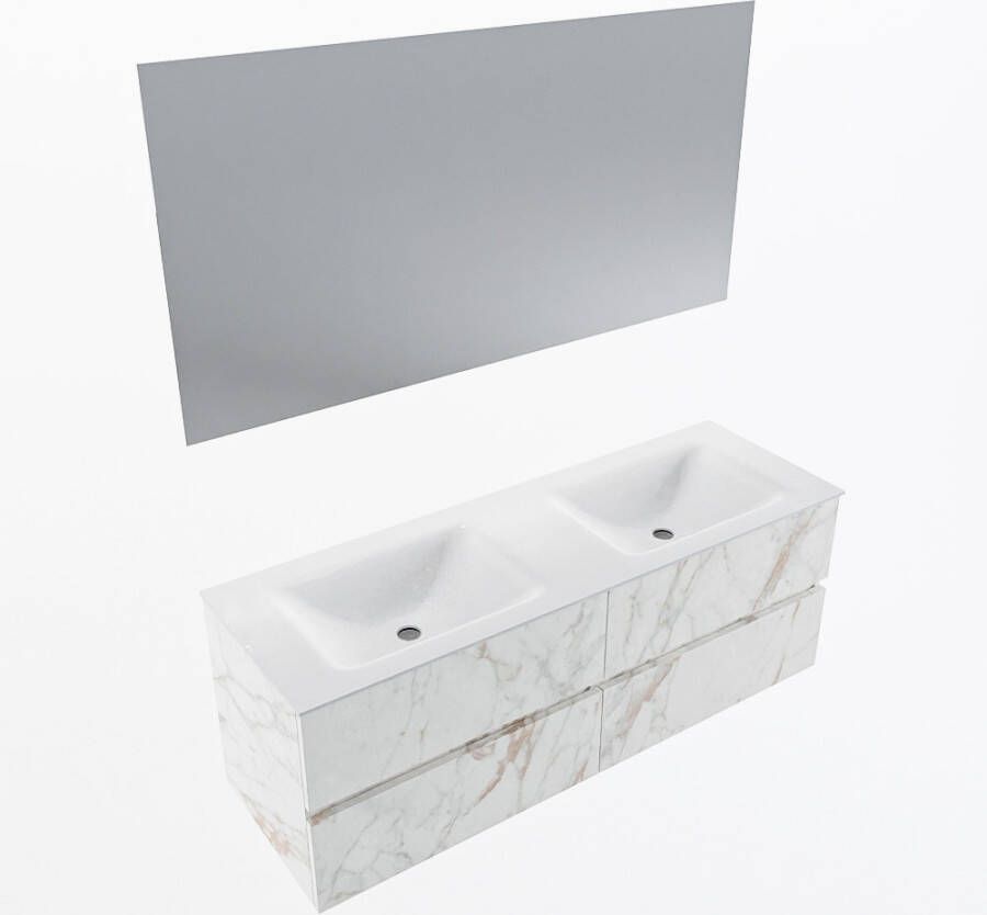 Mondiaz VICA 140cm badmeubel onderkast Carrara 4 lades. Wastafel CLOUD dubbel zonder kraangat kleur Talc.