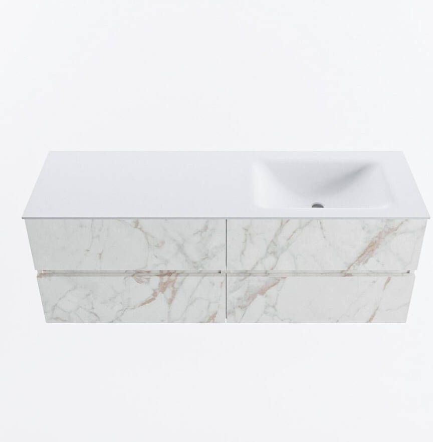 Mondiaz VICA 140cm badmeubel onderkast Carrara 4 lades. Wastafel CLOUD rechts zonder kraangat kleur Talc.