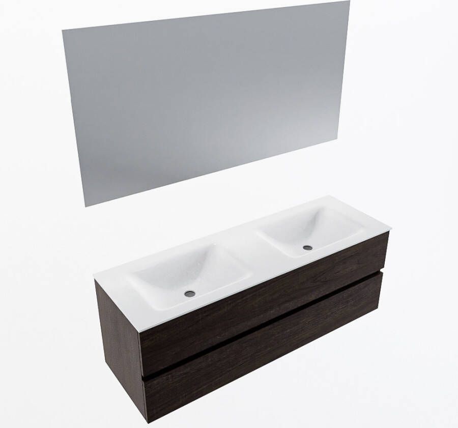 Mondiaz VICA 140cm badmeubel onderkast Dark Brown 2 lades. Wastafel CLOUD dubbel 2 kraangaten kleur Talc.