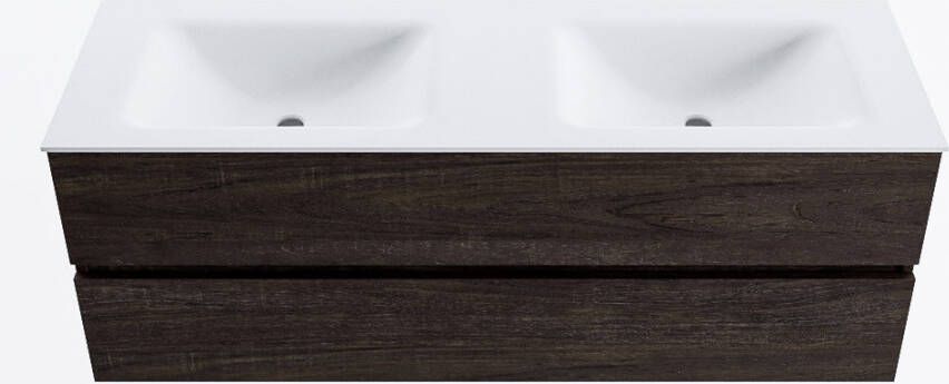 Mondiaz VICA 140cm badmeubel onderkast Dark Brown 2 lades. Wastafel CLOUD dubbel zonder kraangat kleur Talc.