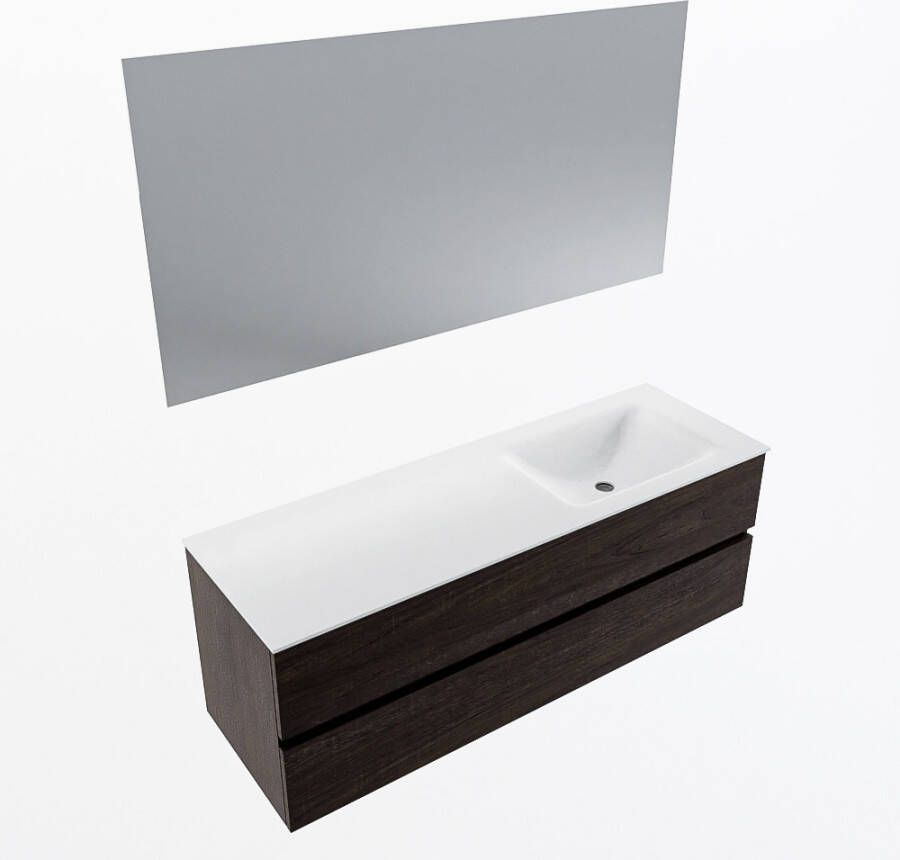 Mondiaz VICA 140cm badmeubel onderkast Dark Brown 2 lades. Wastafel CLOUD rechts zonder kraangat kleur Talc.