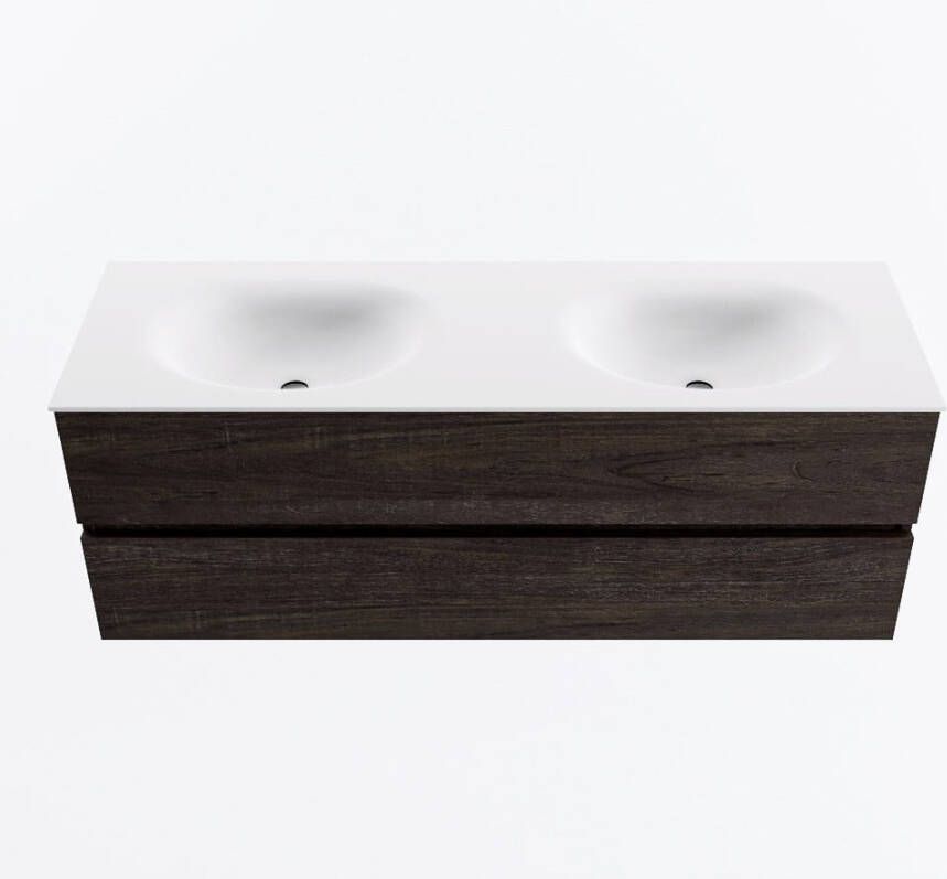 Mondiaz VICA 140cm badmeubel onderkast Dark Brown 2 lades. Wastafel MOON dubbel 2 kraangaten kleur Talc.