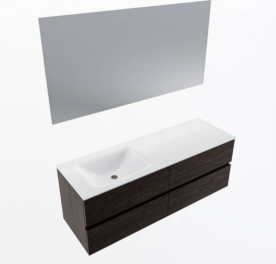 Mondiaz VICA 140cm badmeubel onderkast Dark Brown 4 lades. Wastafel CLOUD links 1 kraangat kleur Talc.