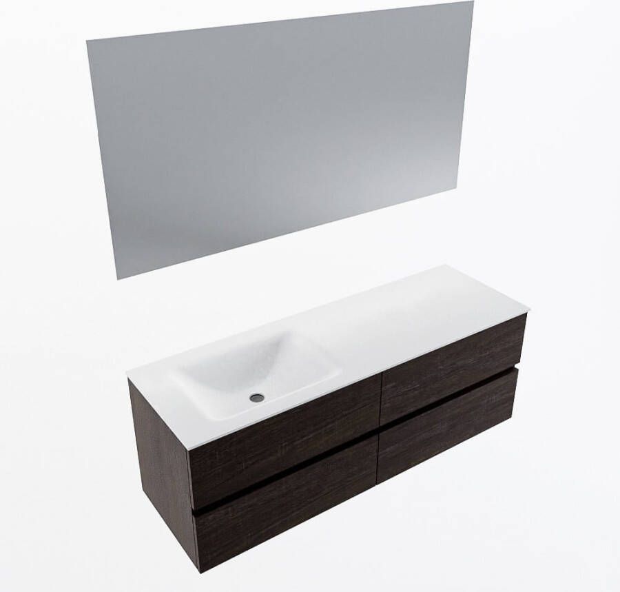 Mondiaz VICA 140cm badmeubel onderkast Dark Brown 4 lades. Wastafel CLOUD links zonder kraangat kleur Talc.