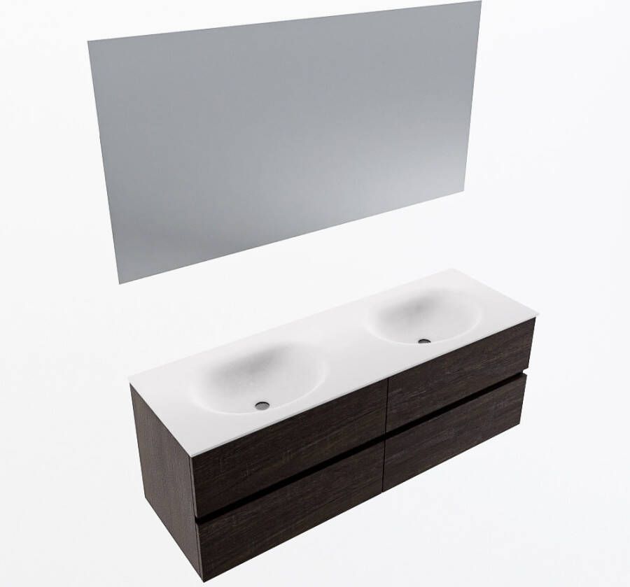 Mondiaz VICA 140cm badmeubel onderkast Dark Brown 4 lades. Wastafel MOON dubbel zonder kraangat kleur Talc.