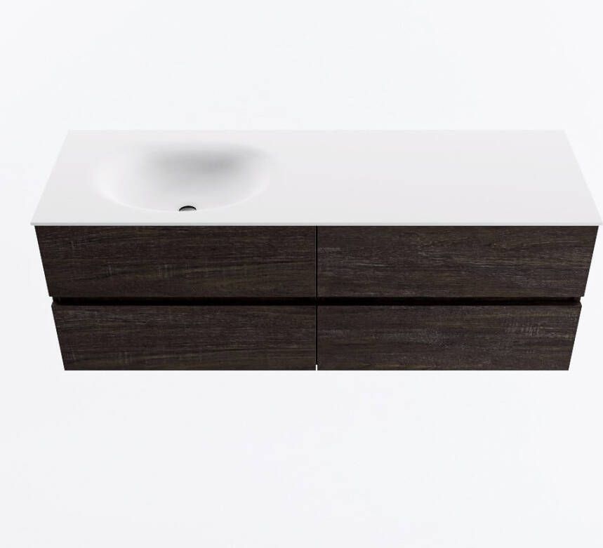 Mondiaz VICA 140cm badmeubel onderkast Dark Brown 4 lades. Wastafel MOON links zonder kraangat kleur Talc.